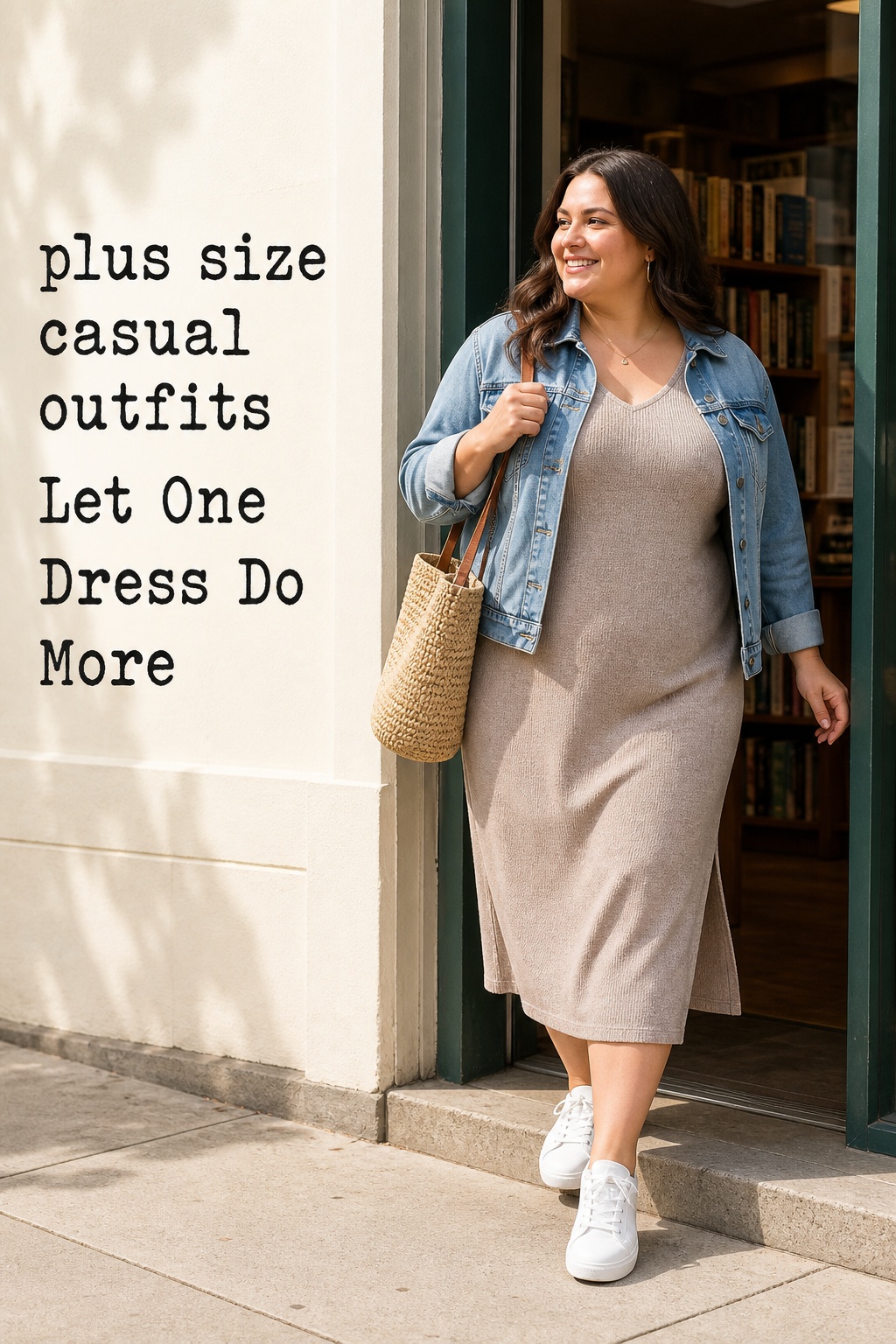 plus size casual outfits with a knit midi dress, denim jacket, and white sneakers