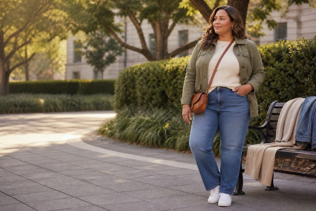 plus size casual outfits with ivory knit, olive jacket, straight-leg jeans, and sneakers