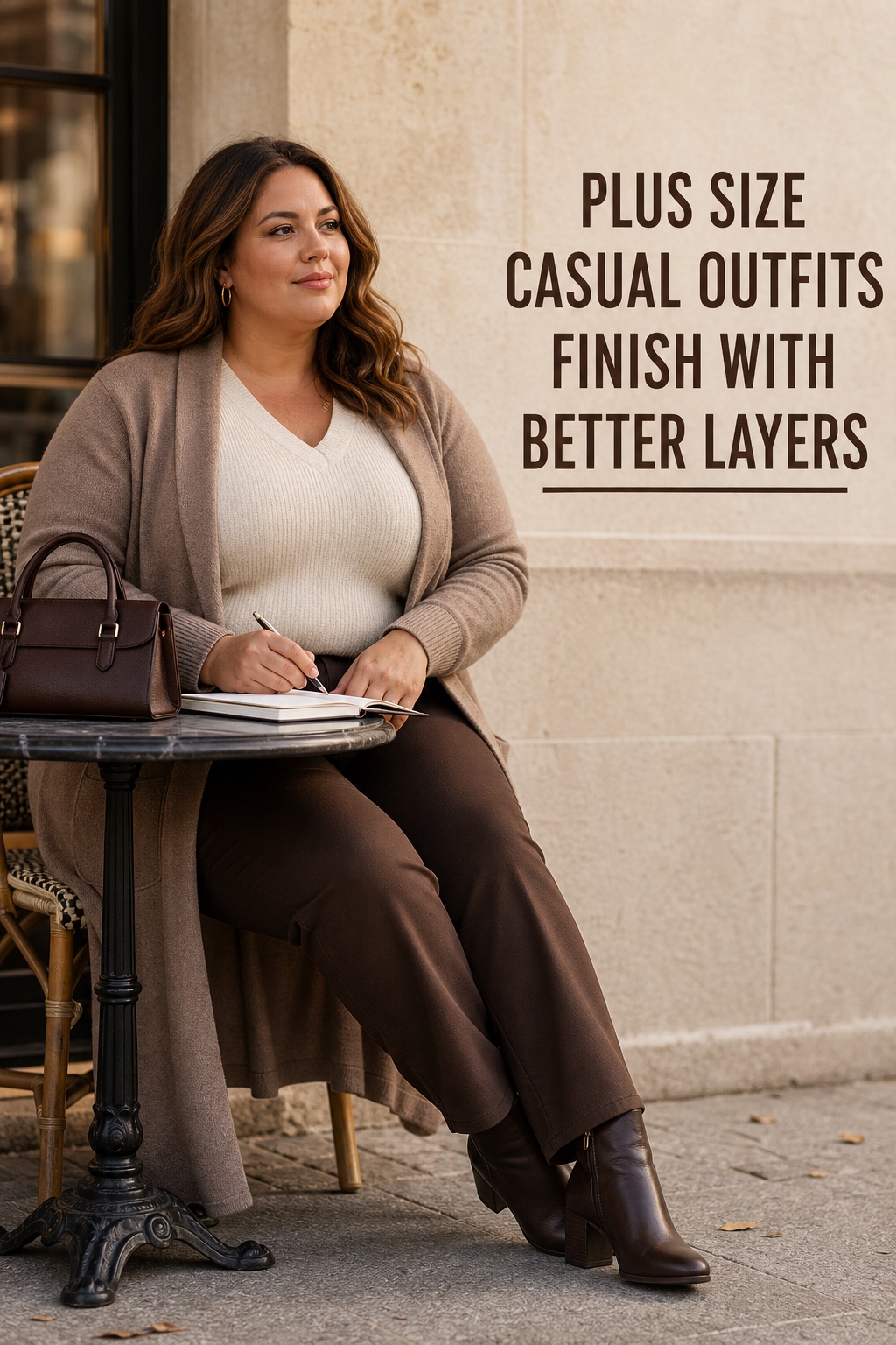 plus size casual outfits with cream knit, ponte trousers, cardigan, and ankle boots