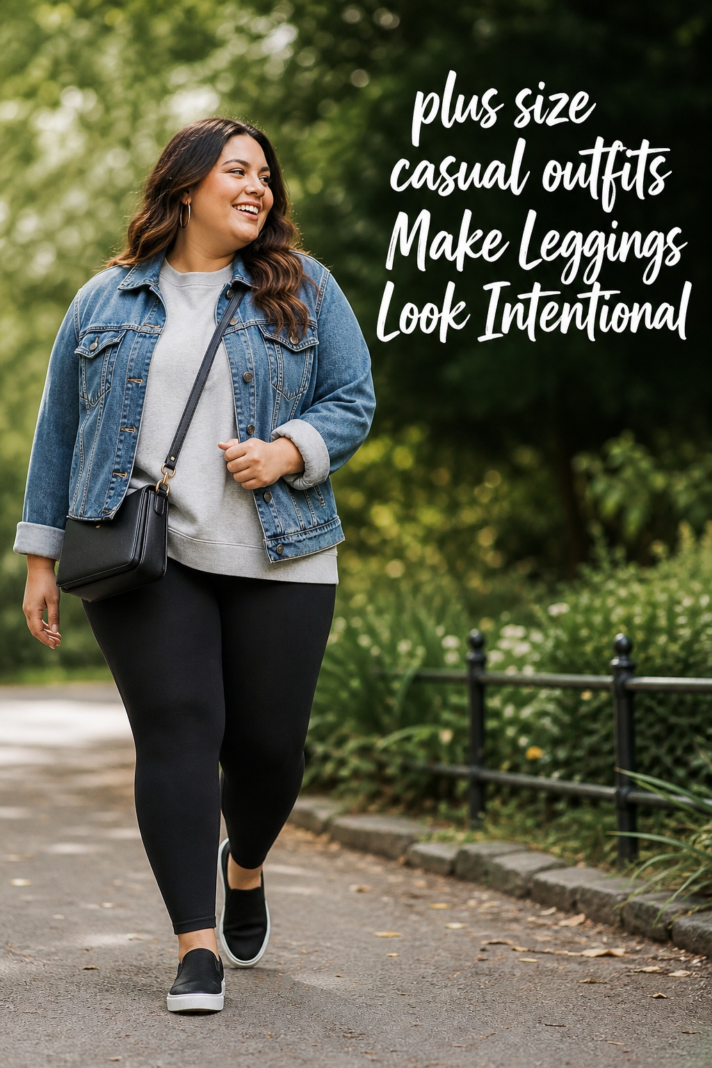 plus size casual outfits with opaque leggings, sweatshirt, denim jacket, and sneakers