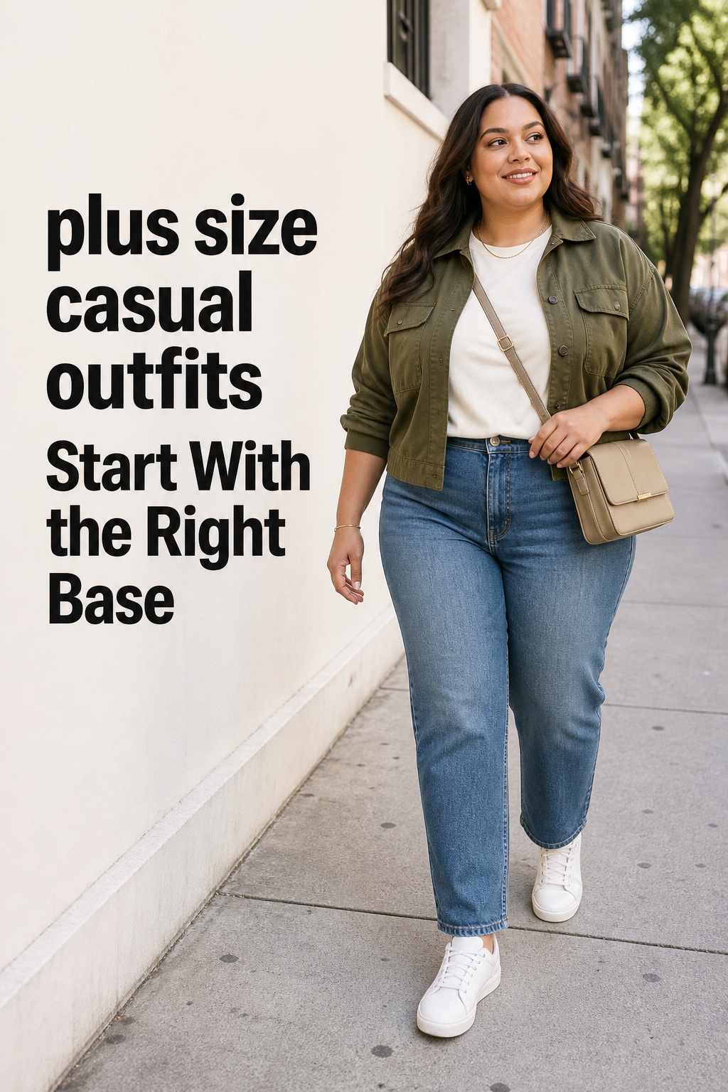 plus size casual outfits with straight-leg jeans, ivory tee, utility jacket, and sneakers
