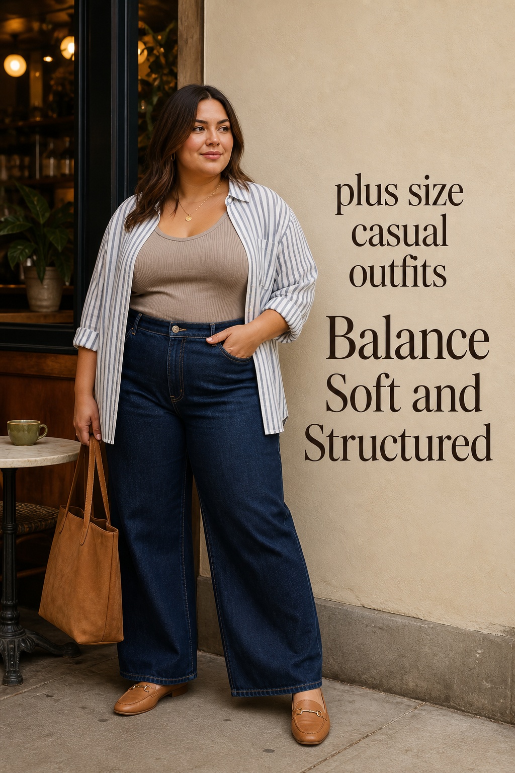 plus size casual outfits with wide-leg jeans, ribbed tank, striped shirt, and loafers