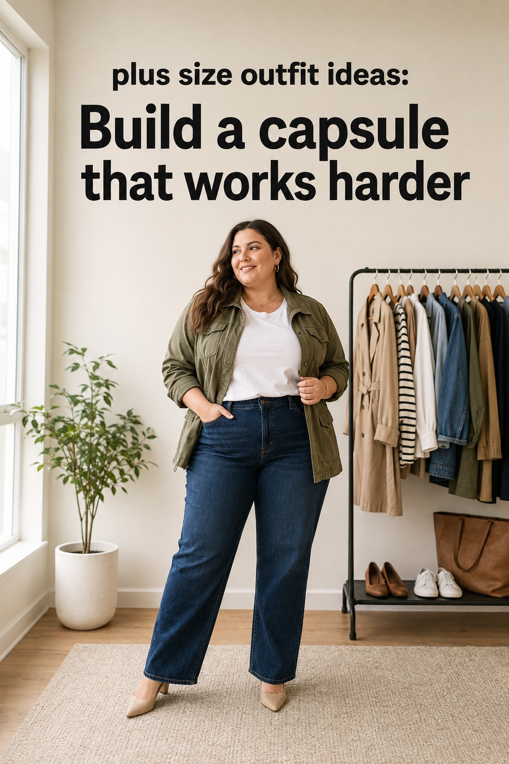 plus size outfit ideas with dark denim, a white tee, and an olive utility jacket