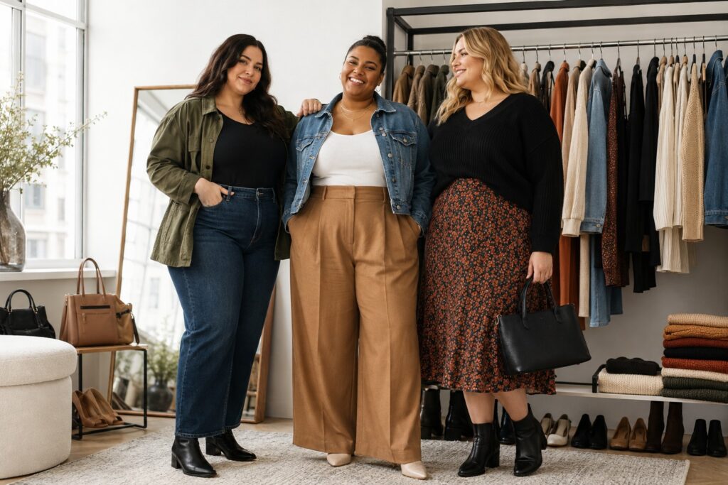 plus size outfit ideas with three curvy women in coordinated capsule wardrobe looks