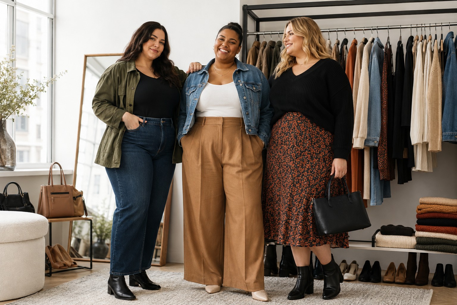 plus size outfit ideas with three curvy women in coordinated capsule wardrobe looks
