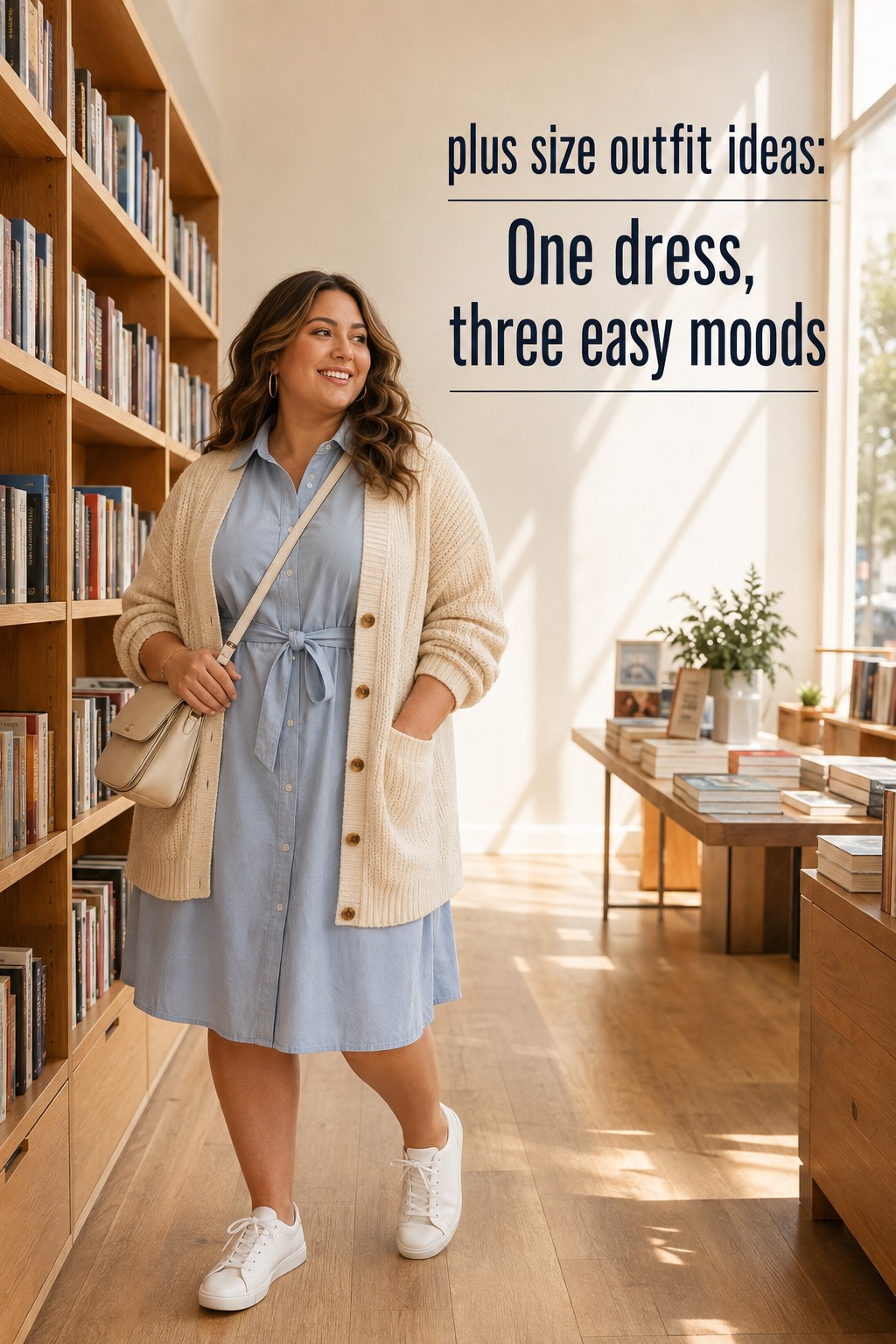 plus size outfit ideas with a blue shirt dress, cream cardigan, and white sneakers