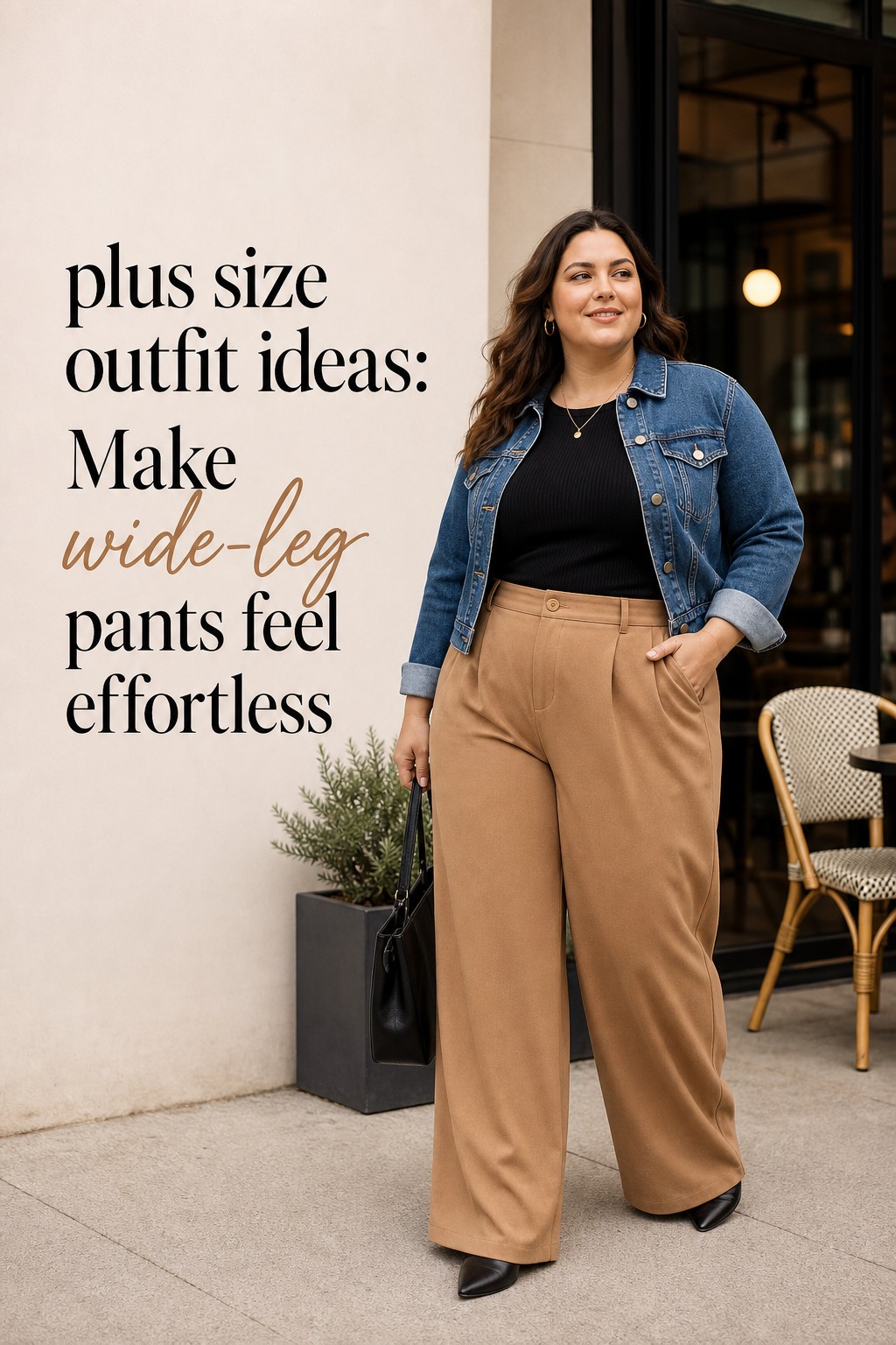 plus size outfit ideas with wide-leg camel pants, a black knit, and a denim jacket