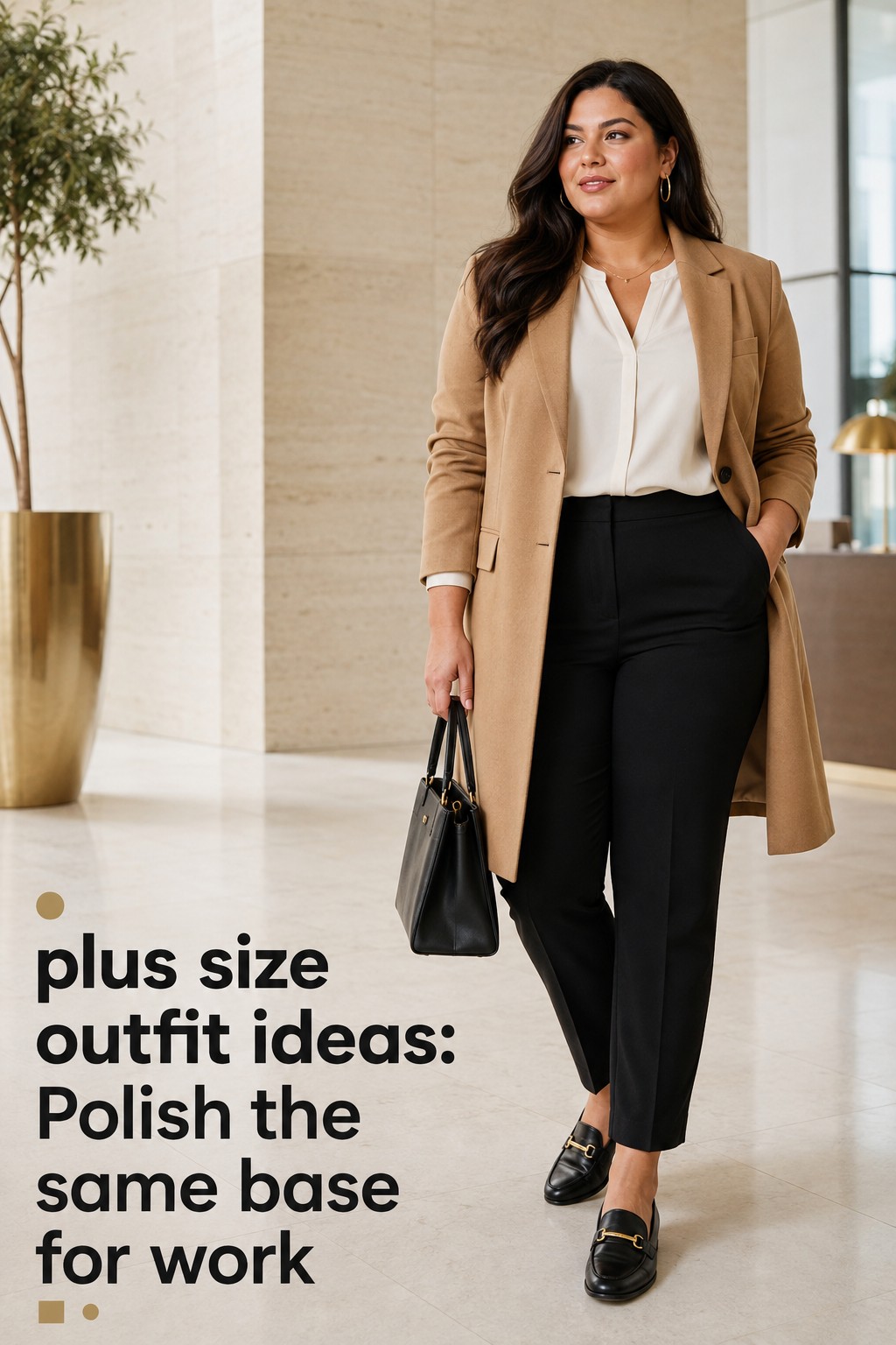 plus size outfit ideas with black ponte trousers, an ivory blouse, and camel blazer