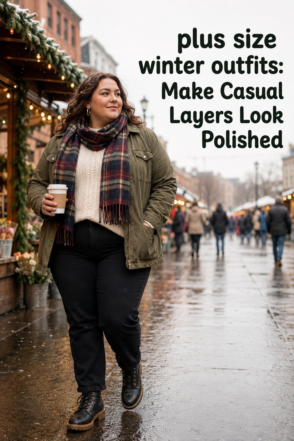 plus size winter outfits with an olive jacket, knit, plaid scarf, and boots