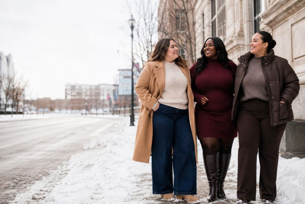 plus size winter outfits in camel, burgundy, and chocolate winter layers
