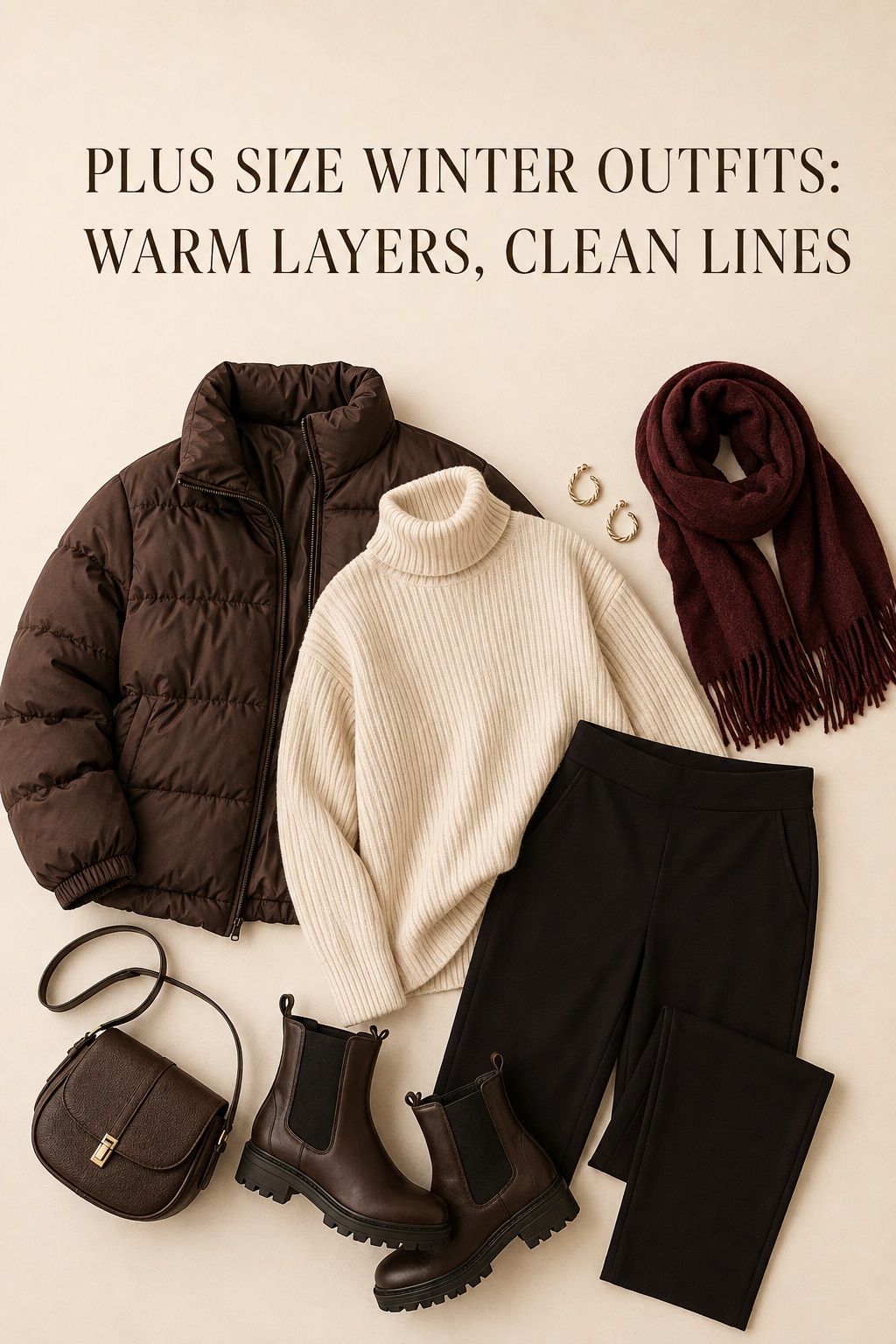 plus size winter outfits flatlay with a puffer, turtleneck, pants, and boots