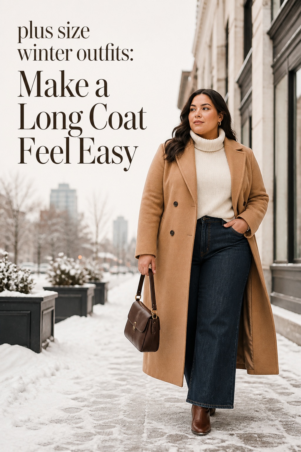 plus size winter outfits with a camel long coat and wide-leg jeans