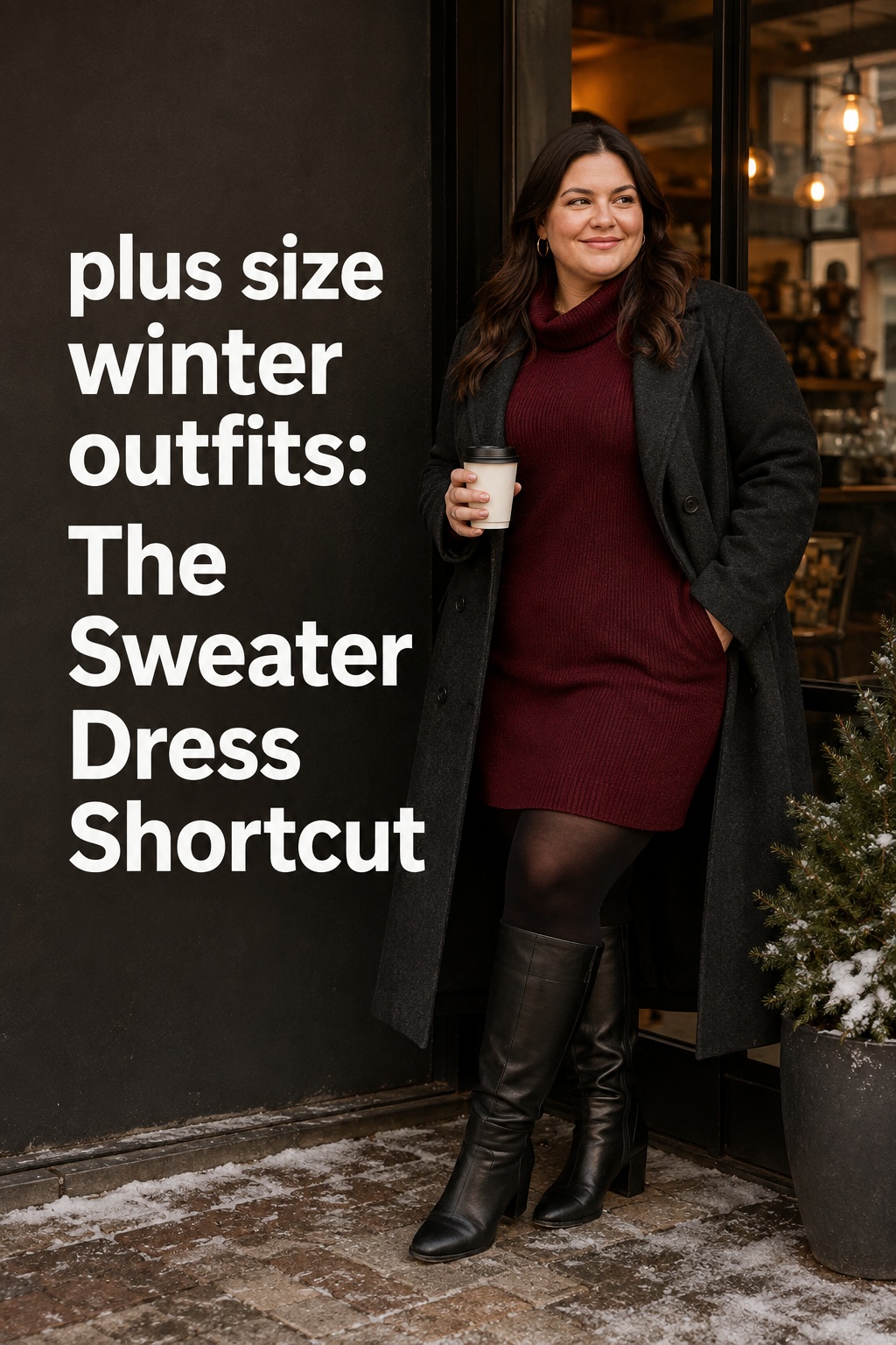 plus size winter outfits with a burgundy sweater dress and tall boots