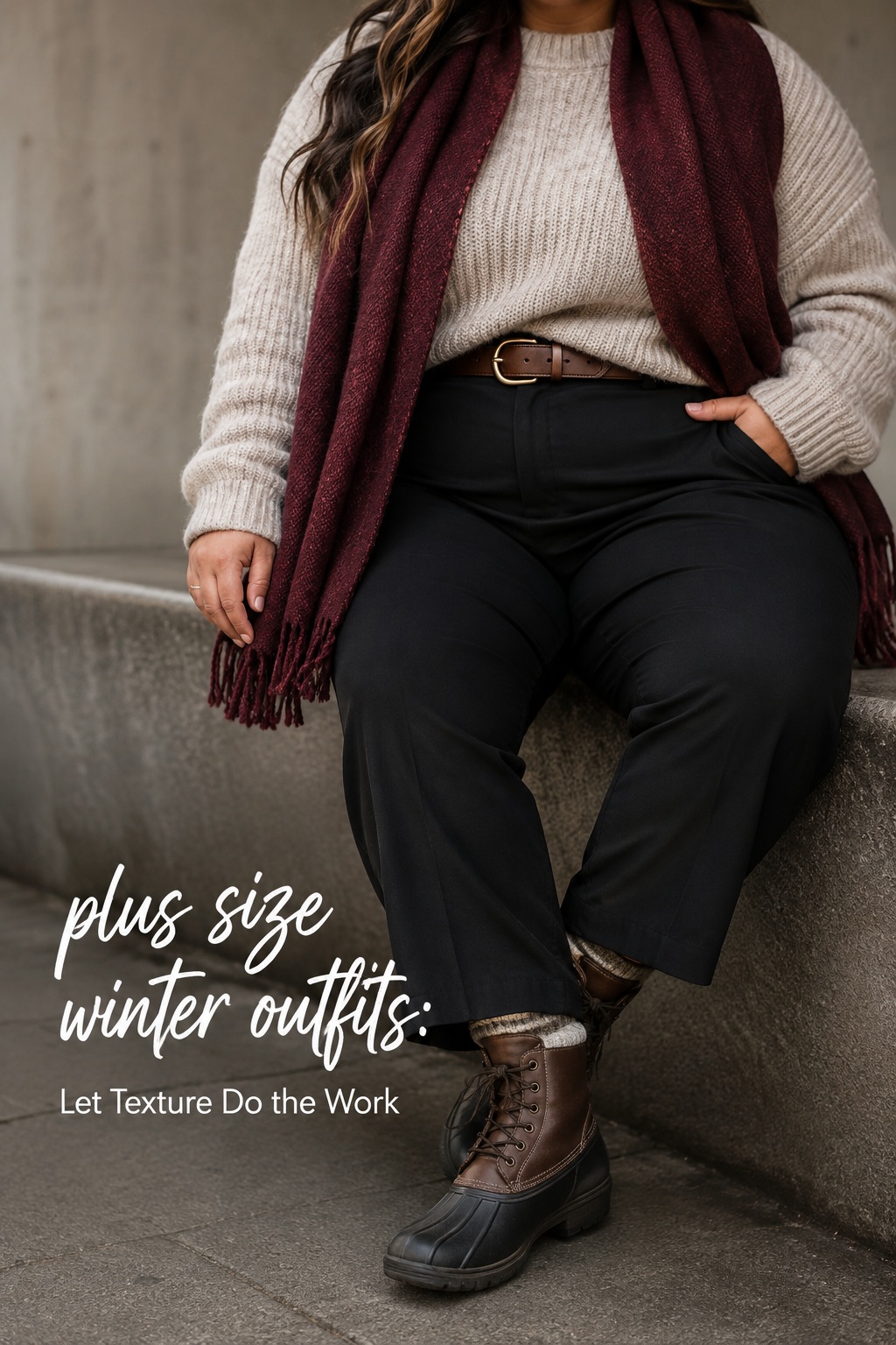 plus size winter outfits close-up with a knit, scarf, belt, trousers, and boots