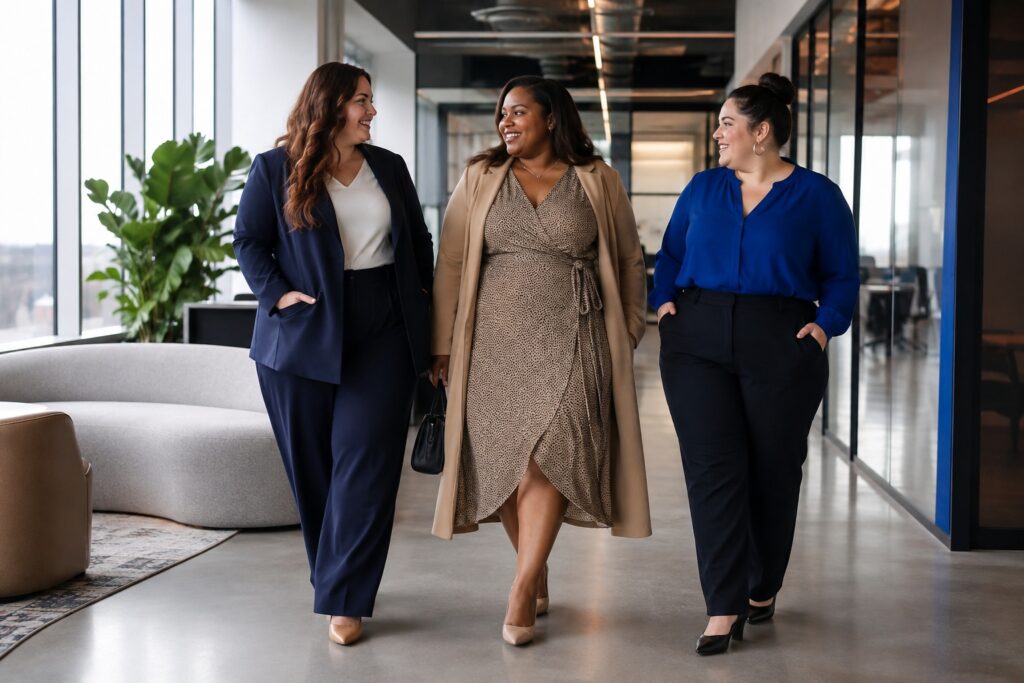 plus size work outfits with a navy suit, wrap dress, and cobalt blouse