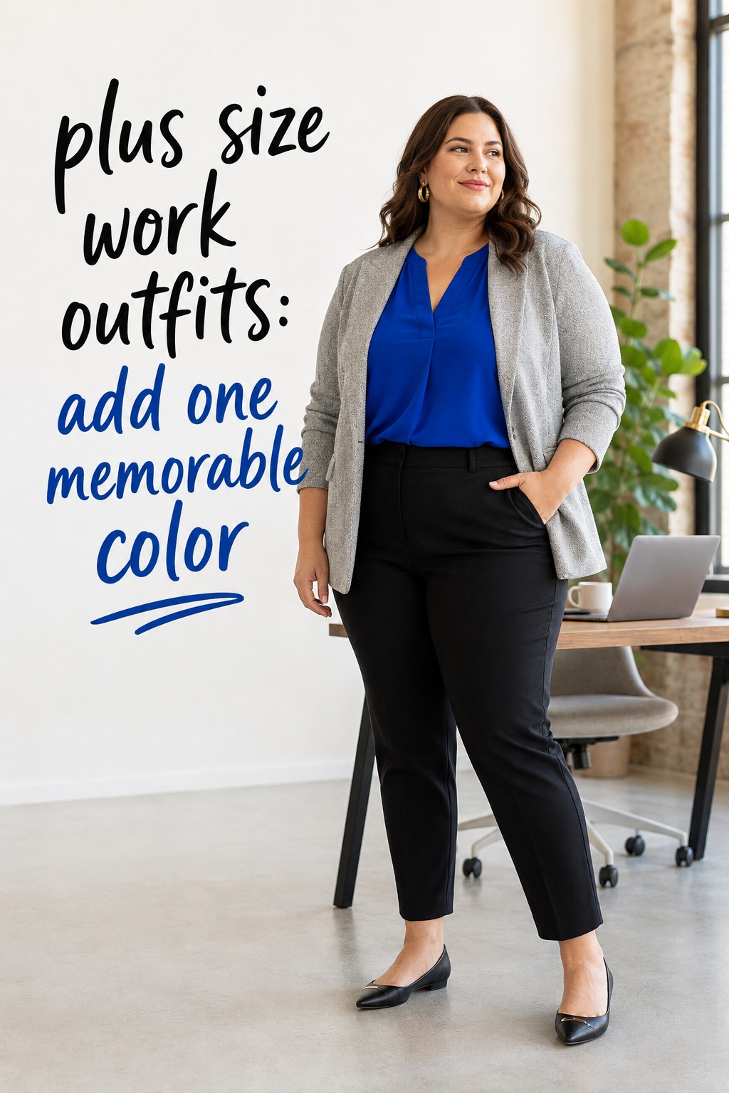 plus size work outfits with a cobalt blouse and tailored black ankle trousers