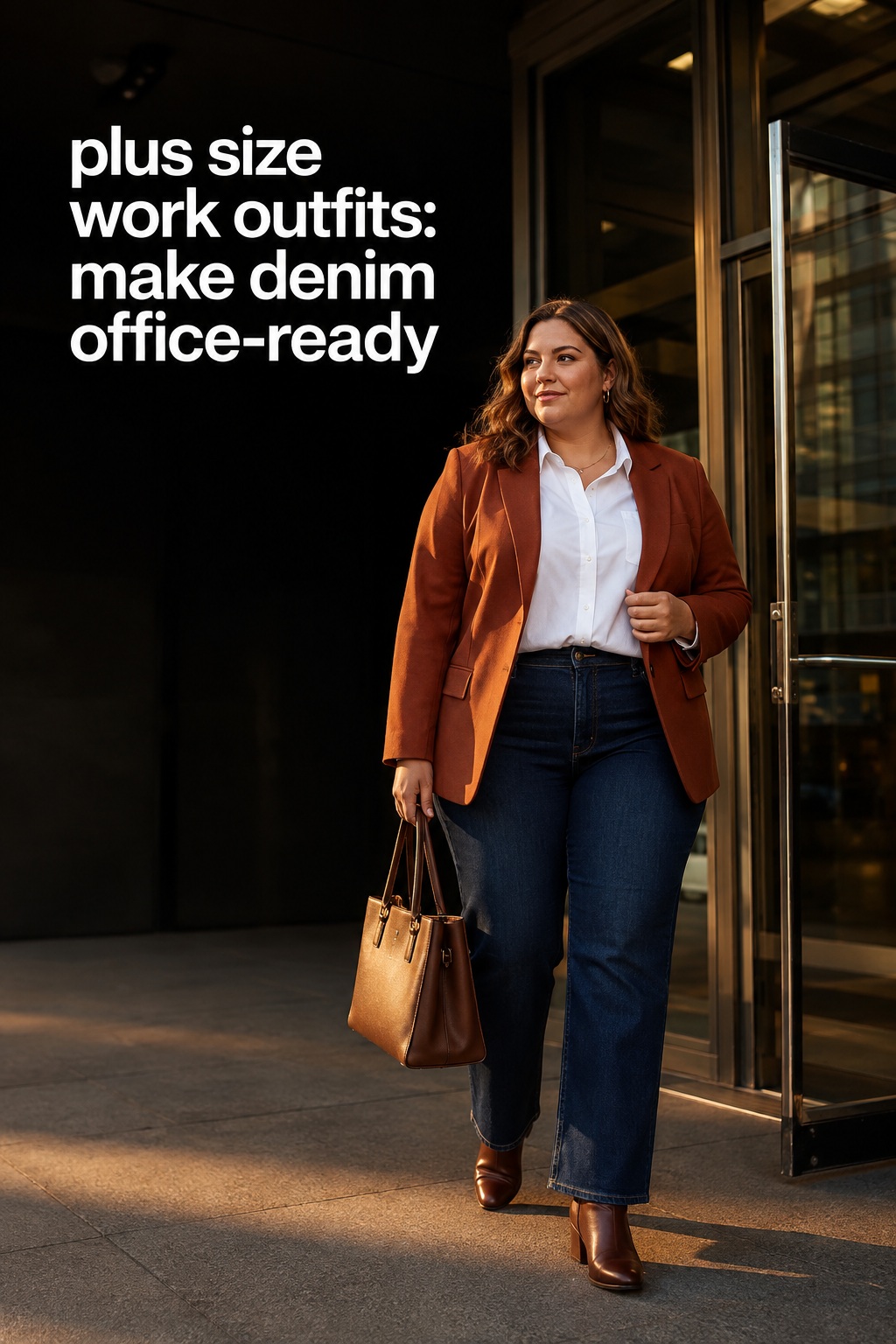 plus size work outfits with dark straight-leg jeans, a white shirt, and rust blazer