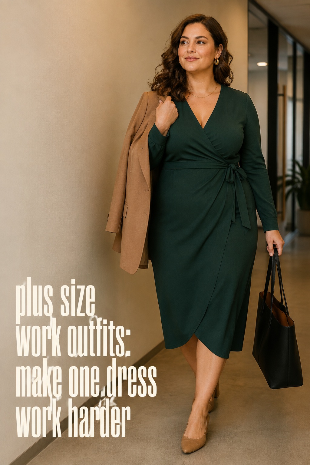 plus size work outfits with a deep green wrap midi dress and camel blazer