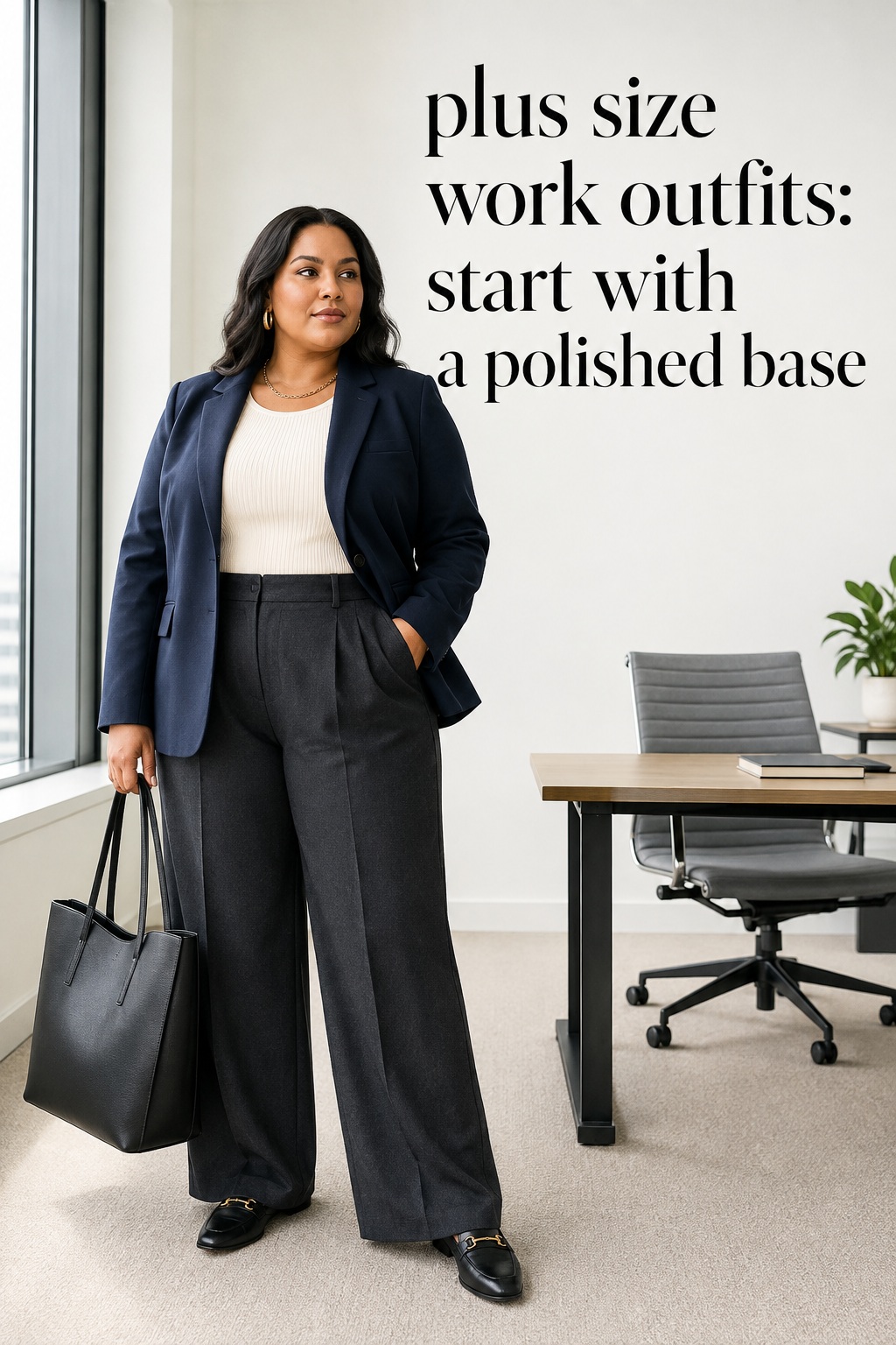 plus size work outfits with a navy blazer, ivory knit, and wide-leg trousers