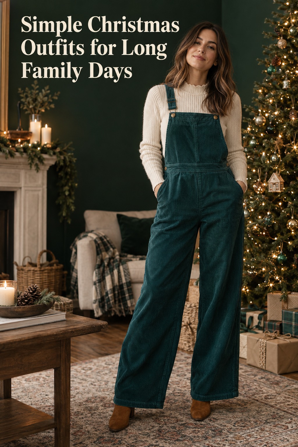 simple christmas outfits for a long family day in a teal corduroy jumpsuit and cream knit