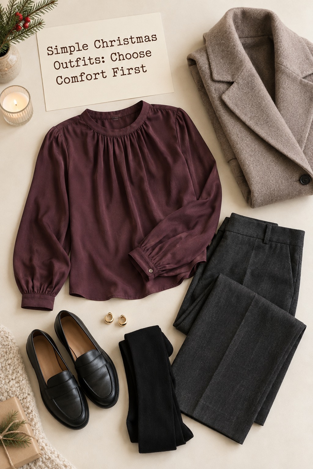 simple christmas outfits flatlay with plum blouse, charcoal trousers, loafers, tights, and coat