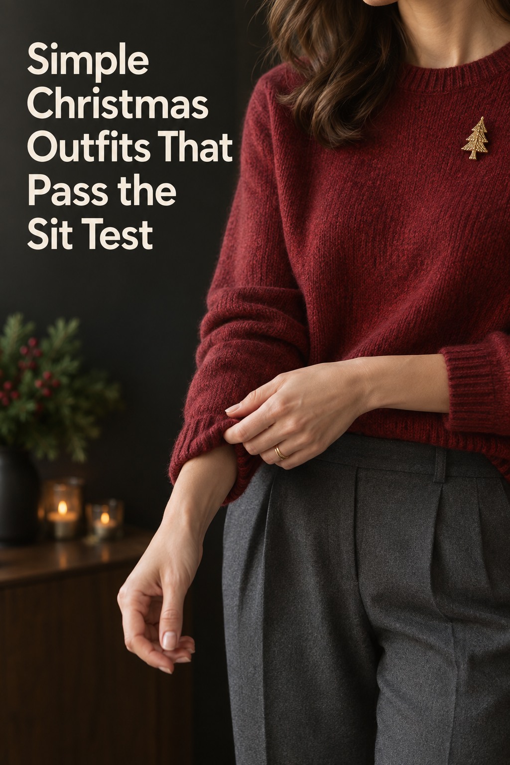 simple christmas outfits detail of cranberry knit cuff, charcoal trousers, and small gold brooch