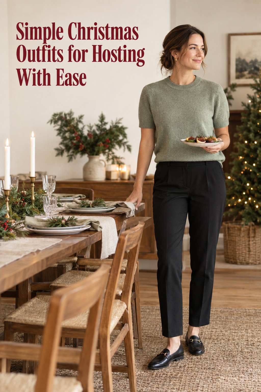 simple christmas outfits for hosting with sage knit top, black trousers, and comfortable loafers