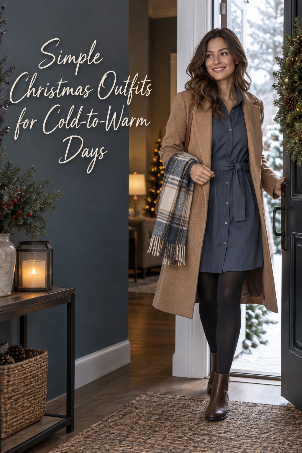 simple christmas outfits for cold-to-warm days with blue shirt dress, camel coat, tights, and boots