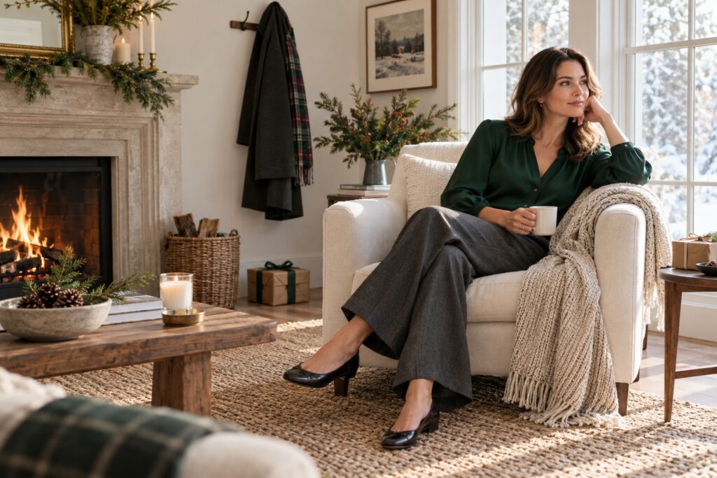 woman relaxing in simple Christmas outfit with forest-green blouse and charcoal trousers by a bright window