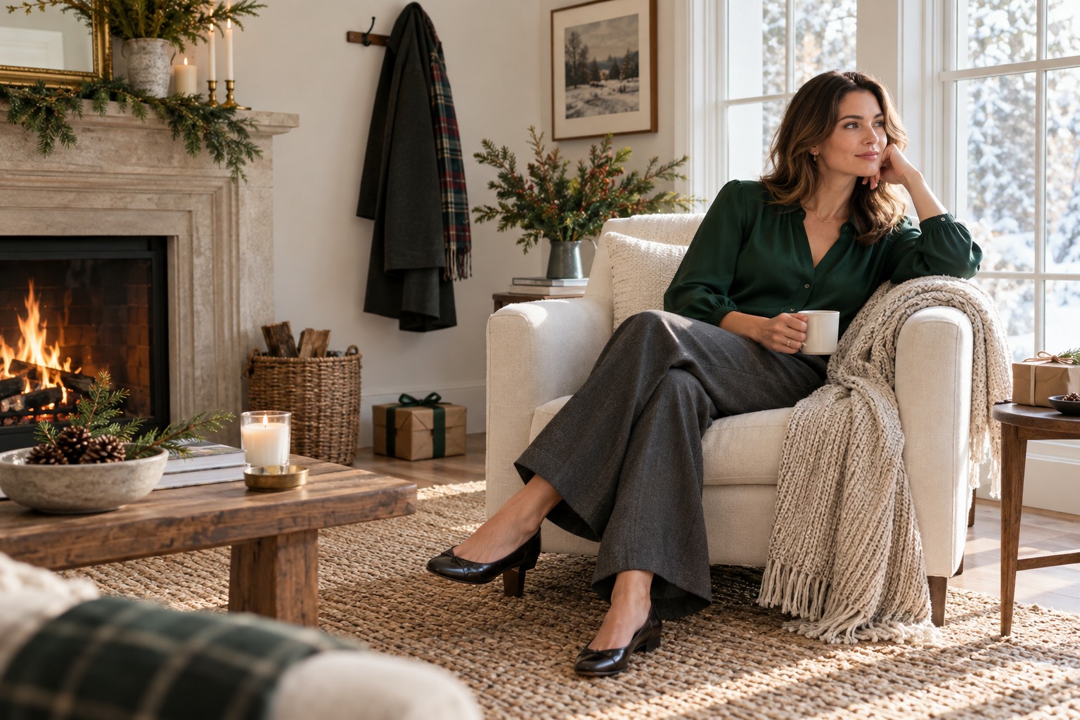 woman relaxing in simple Christmas outfit with forest-green blouse and charcoal trousers by a bright window