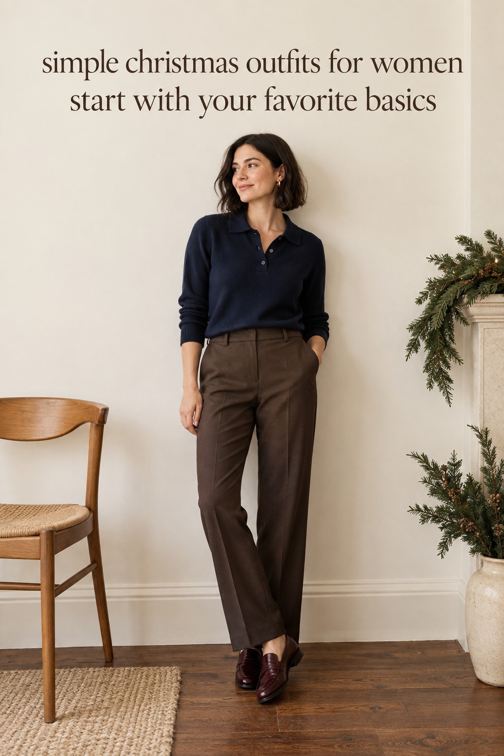 simple christmas outfits for women with a navy knit polo, brown trousers, and burgundy loafers