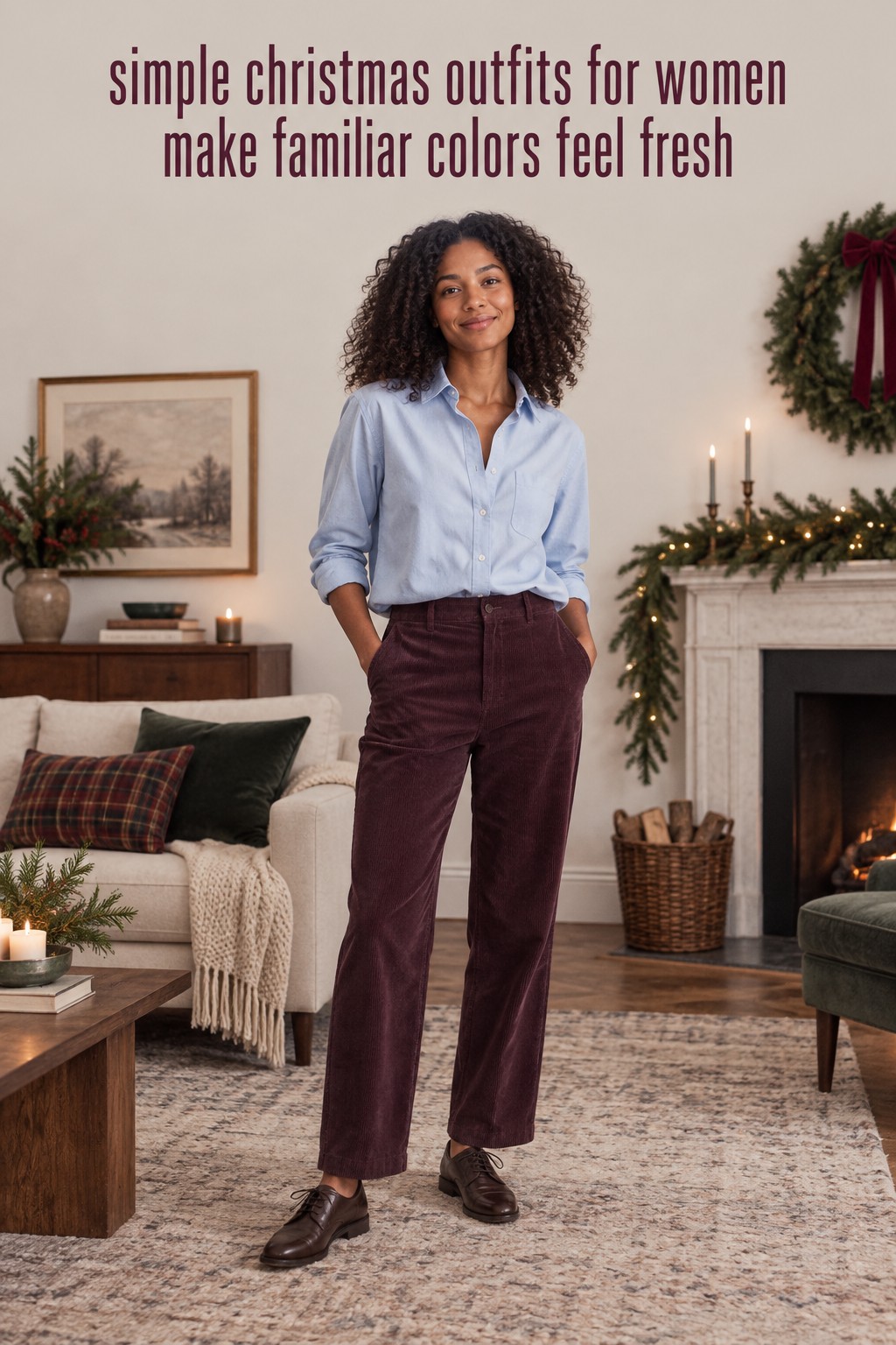 simple christmas outfits for women with a pale blue shirt, plum corduroy pants, and brown flat shoes