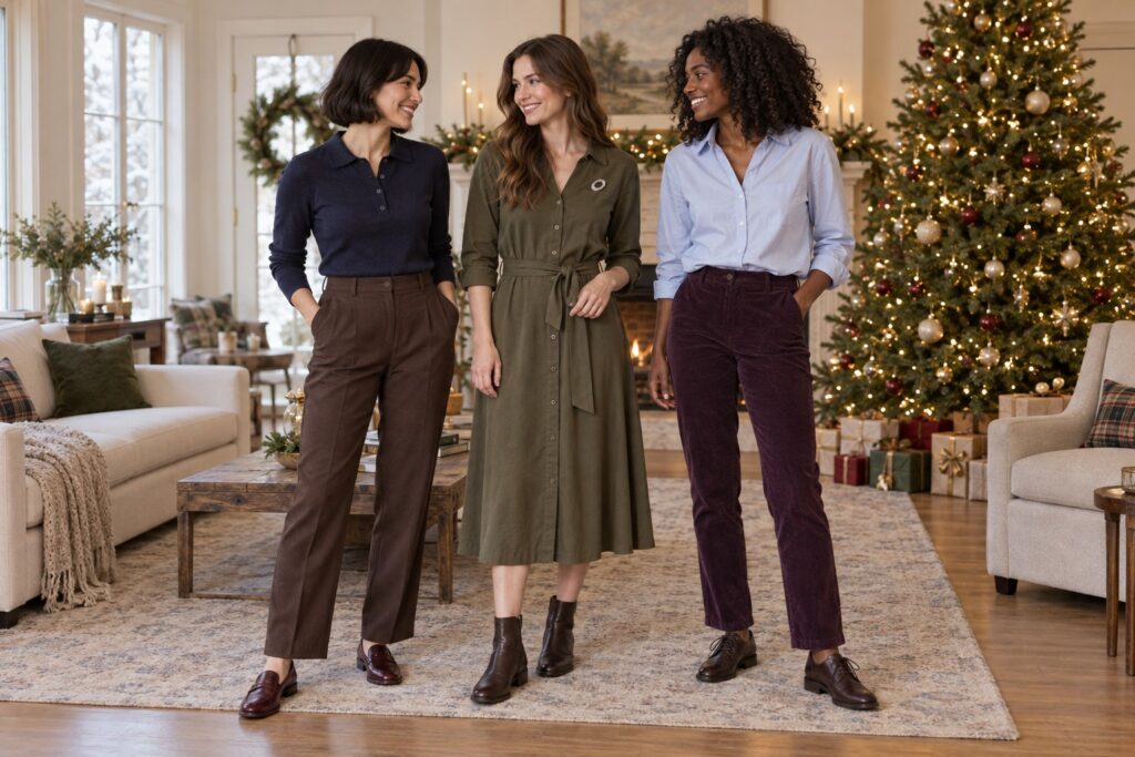 Three women in simple Christmas outfits with a navy polo, olive shirt dress, and blue shirt with plum pants