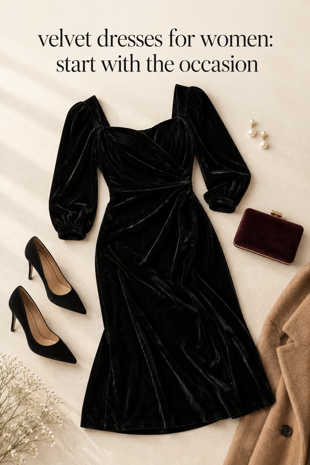 velvet dresses for women occasion flatlay with black dress and neutral accessories