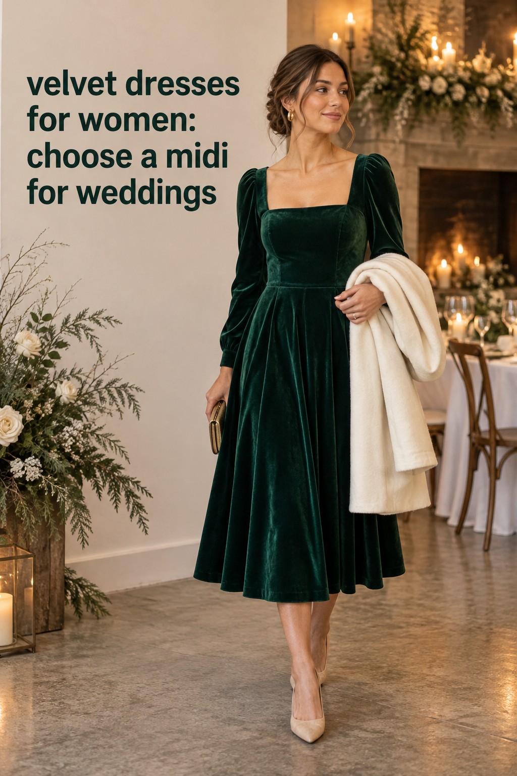 velvet dresses for women emerald midi dress with cream coat for wedding