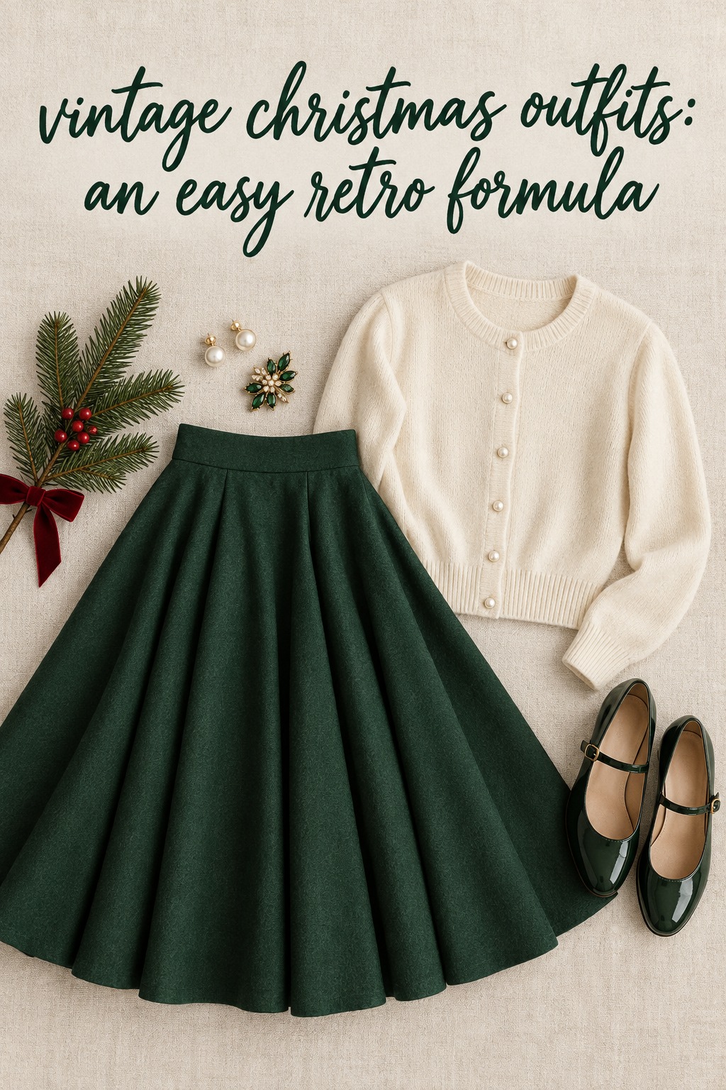 vintage christmas outfits flatlay with a green circle skirt, cream cardigan, and Mary Jane shoes