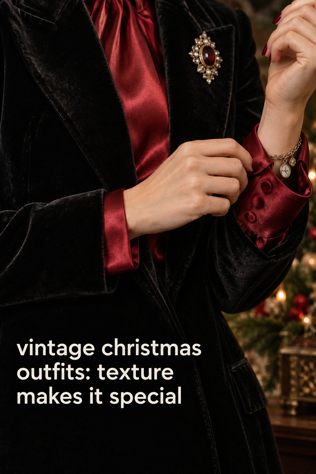 vintage christmas outfits close-up of a cranberry satin cuff, velvet blazer, and brooch