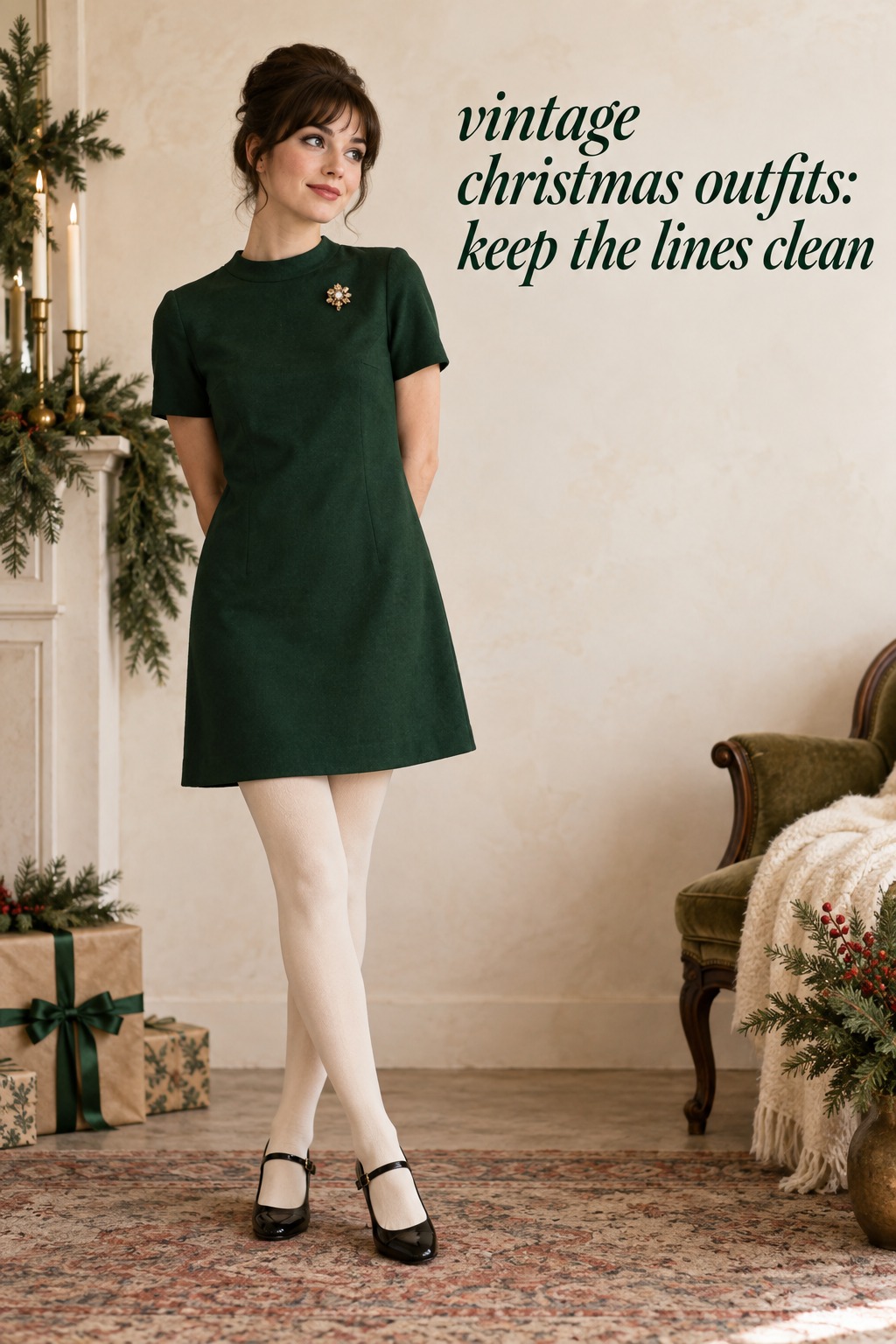vintage christmas outfits in a deep green shift dress with cream tights and Mary Janes
