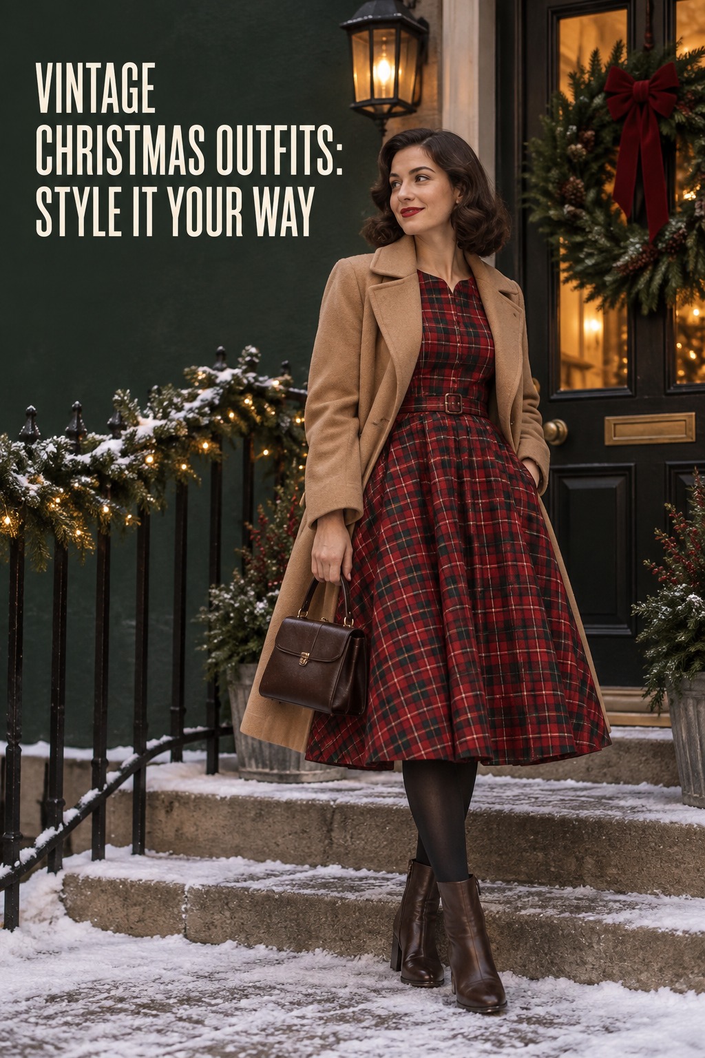 vintage christmas outfits with a cranberry plaid dress, camel coat, tights, and winter boots