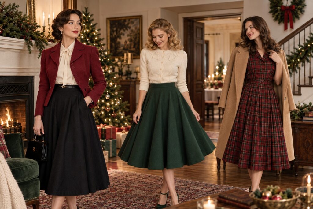 three women in distinct vintage-inspired Christmas outfits with tailoring, a green skirt, and plaid