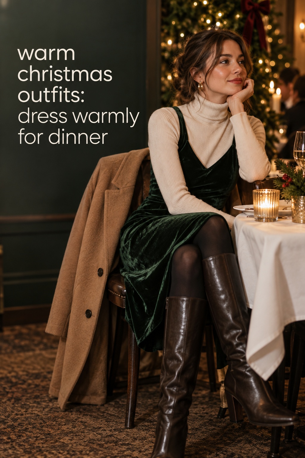 warm christmas outfits for dinner with a green velvet dress, turtleneck, boots, and camel coat