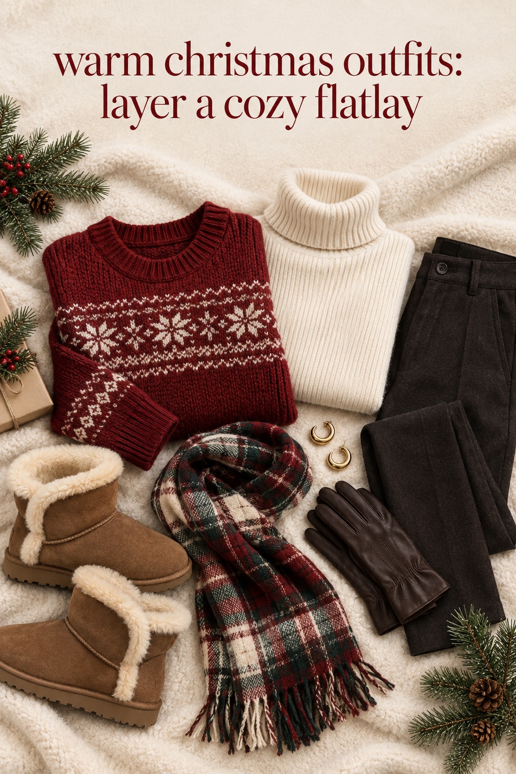 warm christmas outfits flatlay with red knit, ivory turtleneck, scarf, boots, gloves, and trousers