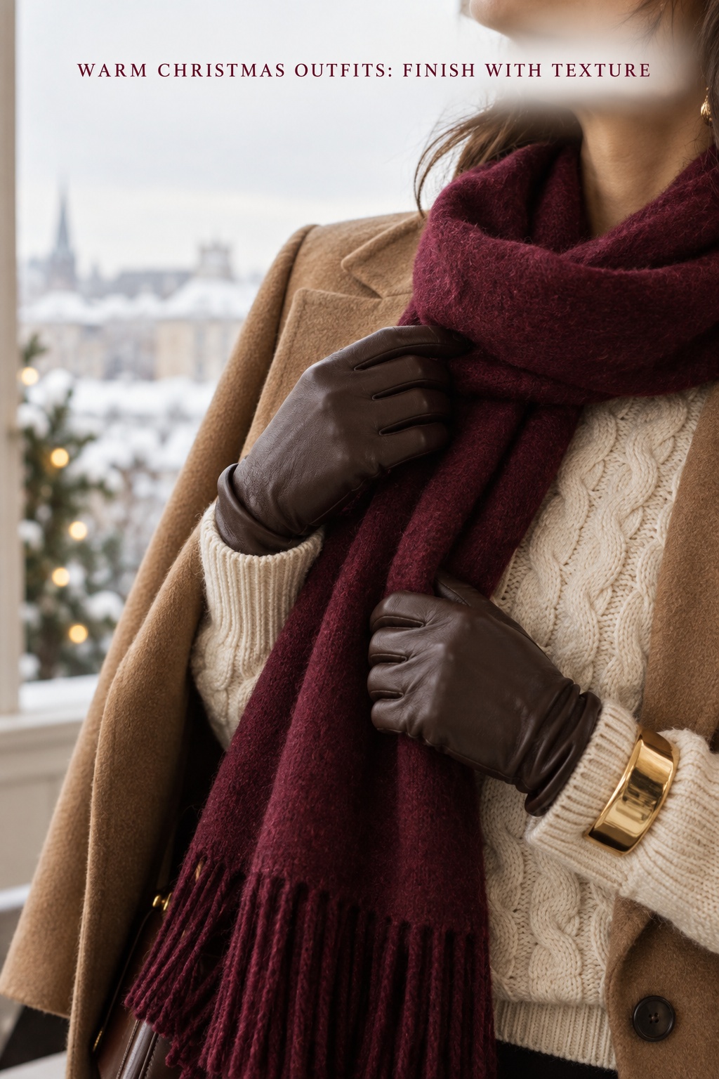 warm christmas outfits texture close-up with burgundy scarf, cream cable knit, camel coat, and leather gloves