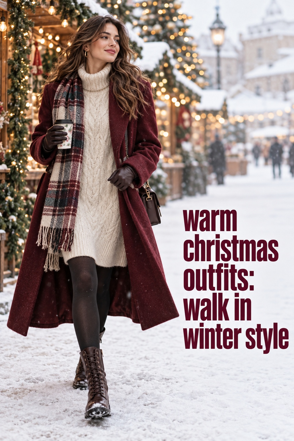 warm christmas outfits for a winter walk with a burgundy coat, sweater dress, scarf, gloves, and boots