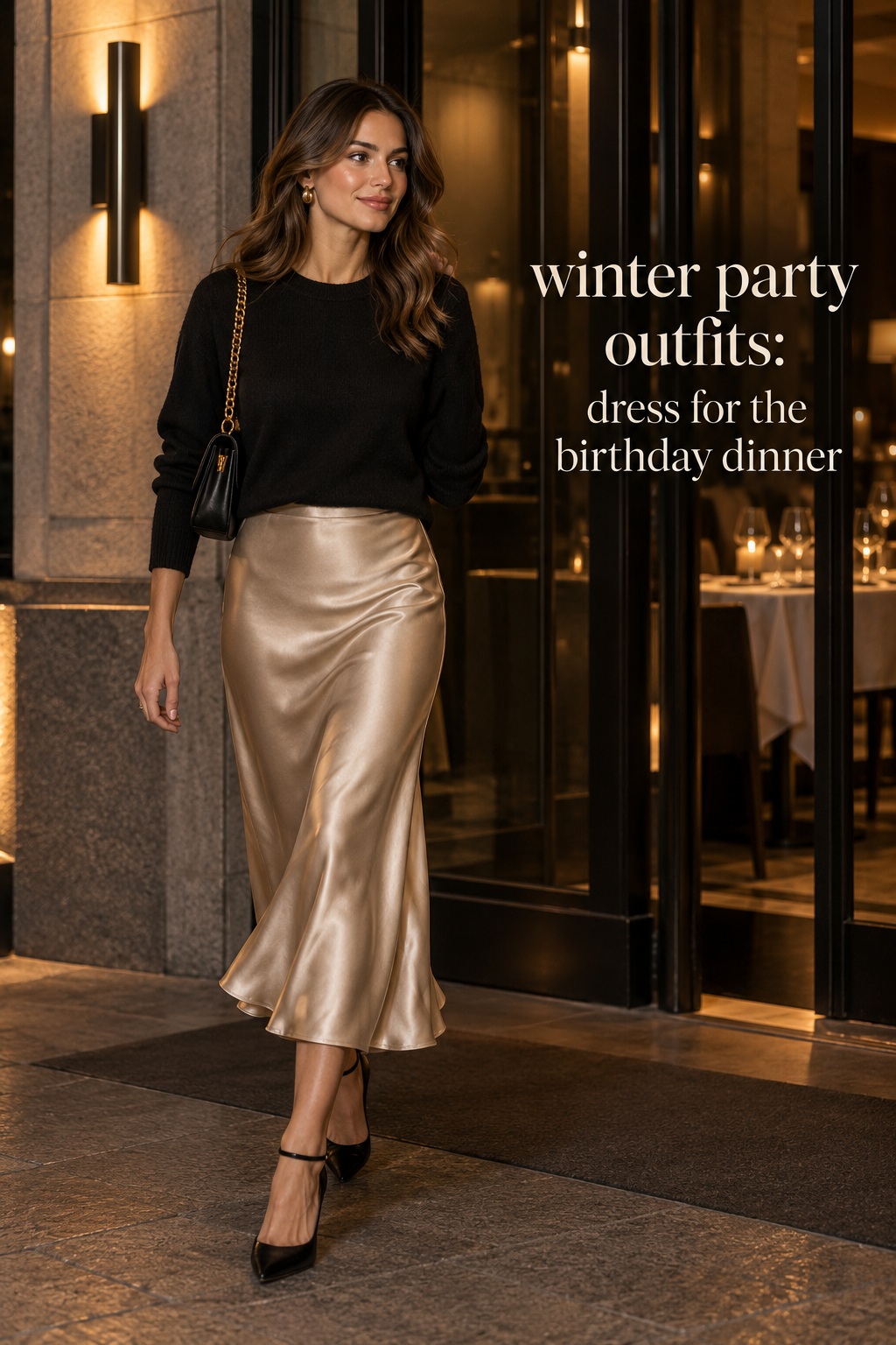 winter party outfits for a birthday dinner in a satin skirt and black knit