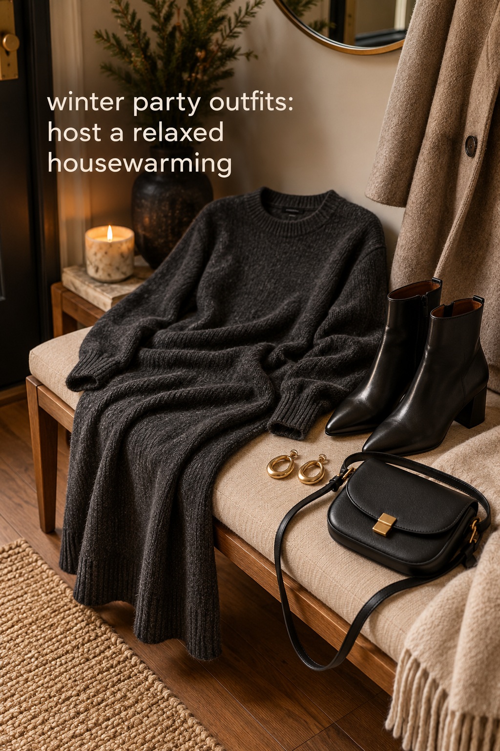 winter party outfits flatlay for a housewarming with knit dress, boots and bag