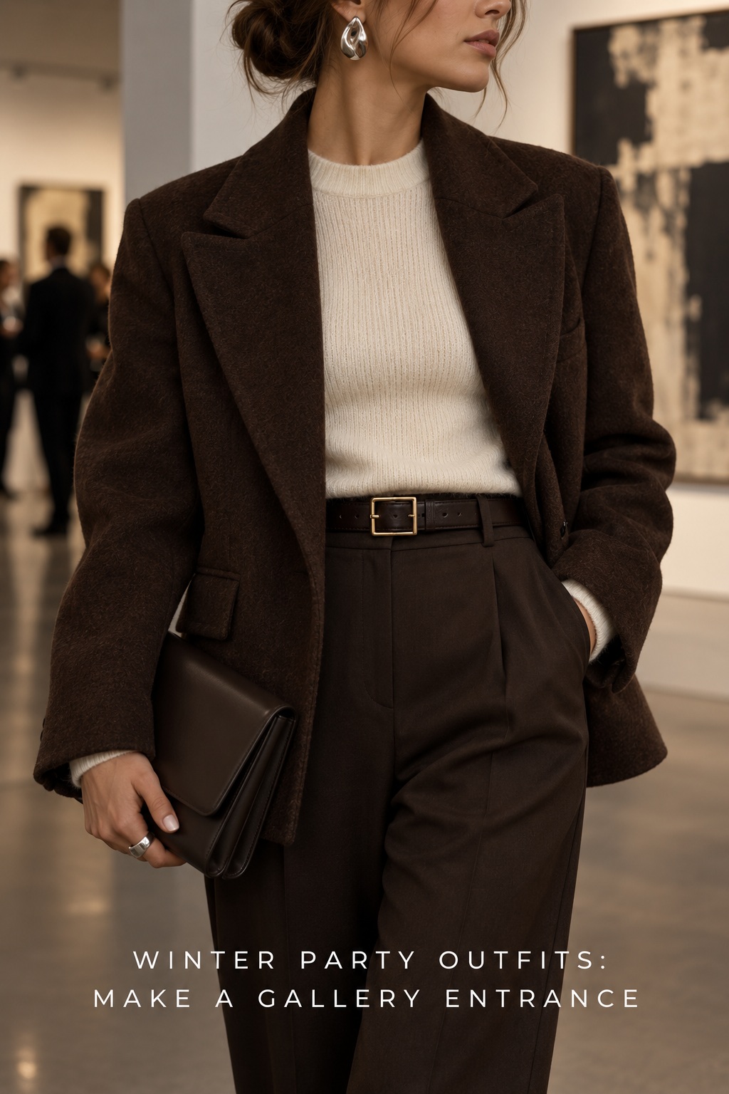 winter party outfits gallery opening detail with brown jacket and cream knit