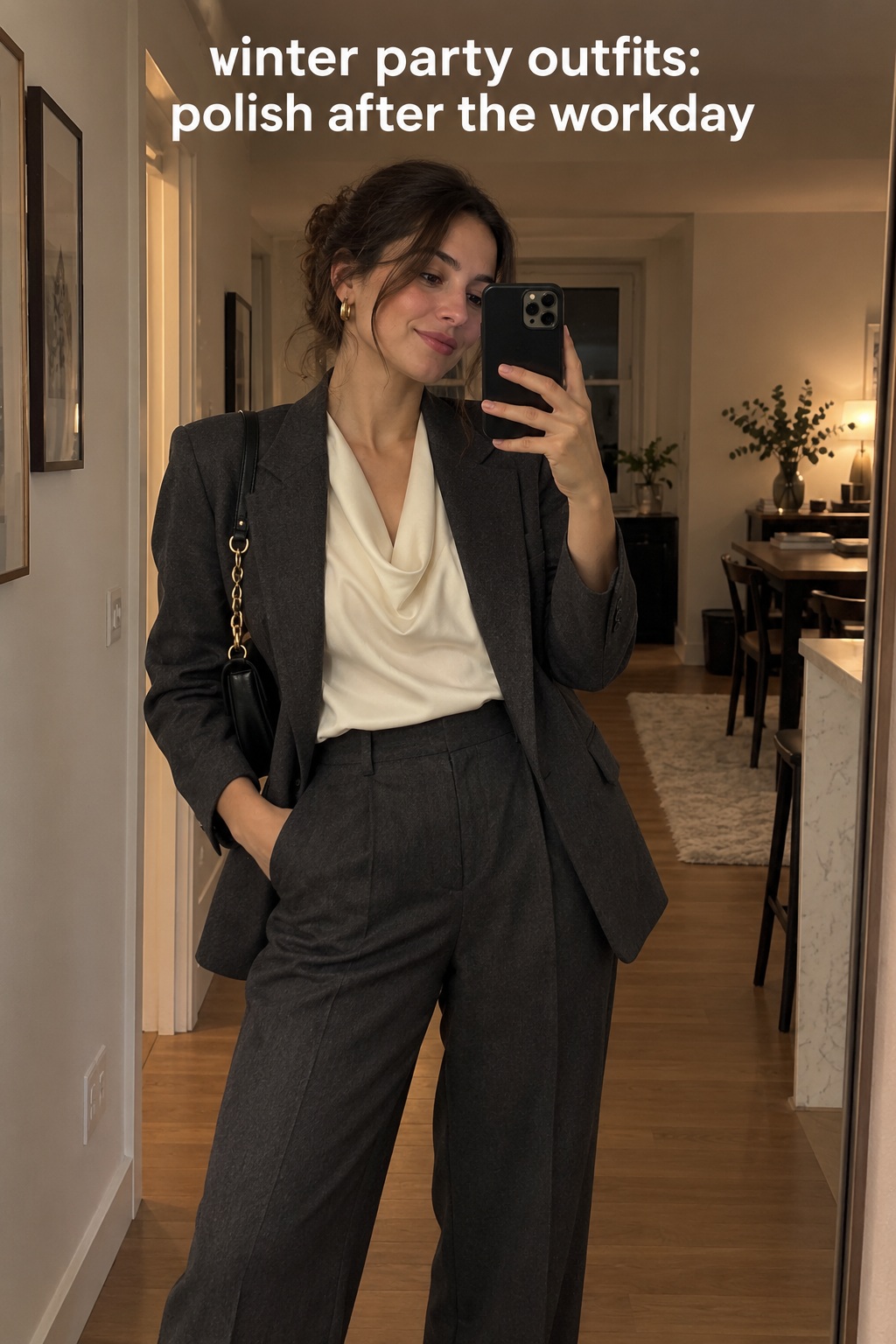 winter party outfits for a work celebration in tailored trousers and an ivory blouse