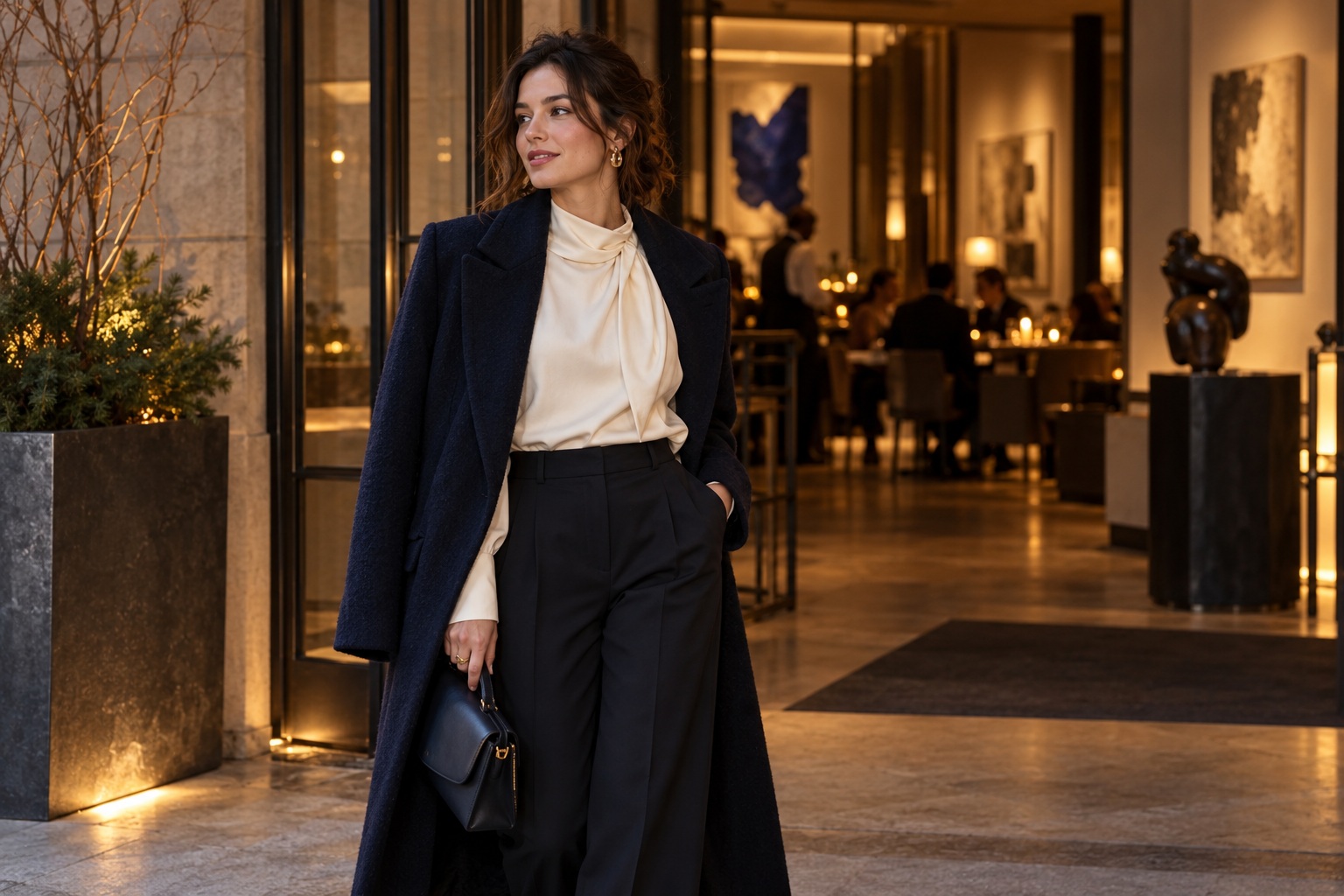 A polished winter party outfit with tailored trousers, ivory blouse and dark coat