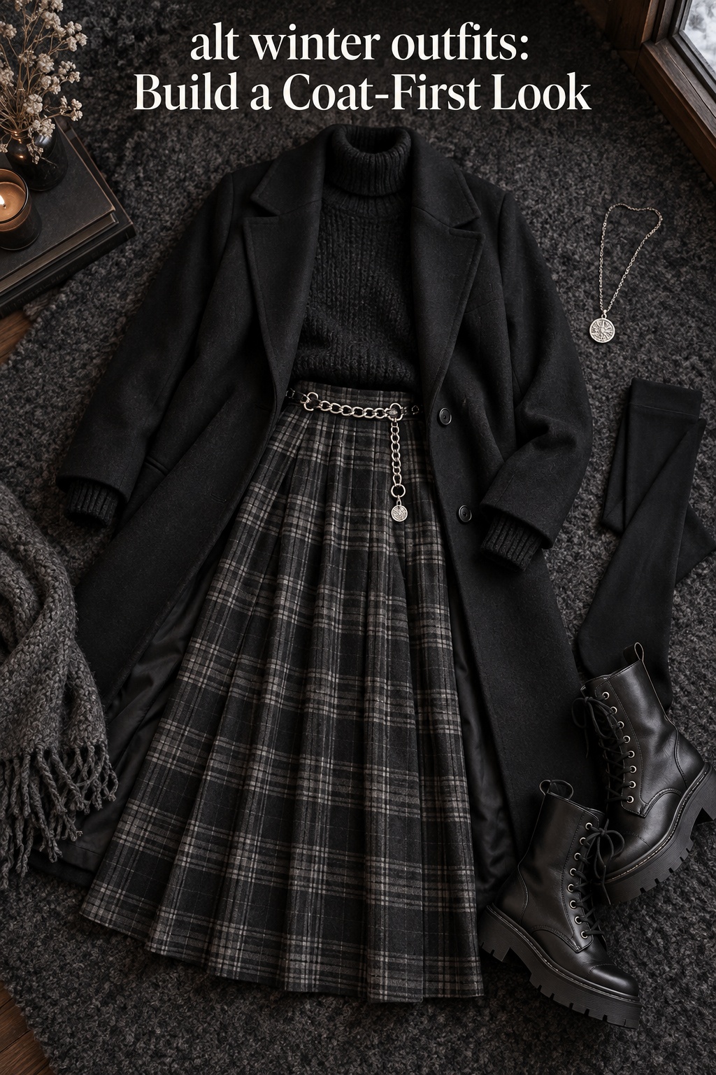 alt winter outfits flatlay with a long charcoal coat, plaid skirt, black knit, and lace-up boots